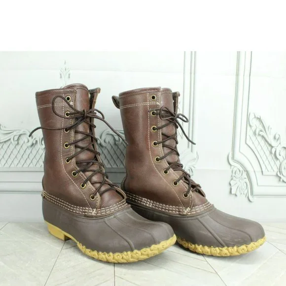 LL Bean Brown Leather Lace Up Shearling Lined Mid Calf Duck Boots Size 7 M - Picture 2 of 9